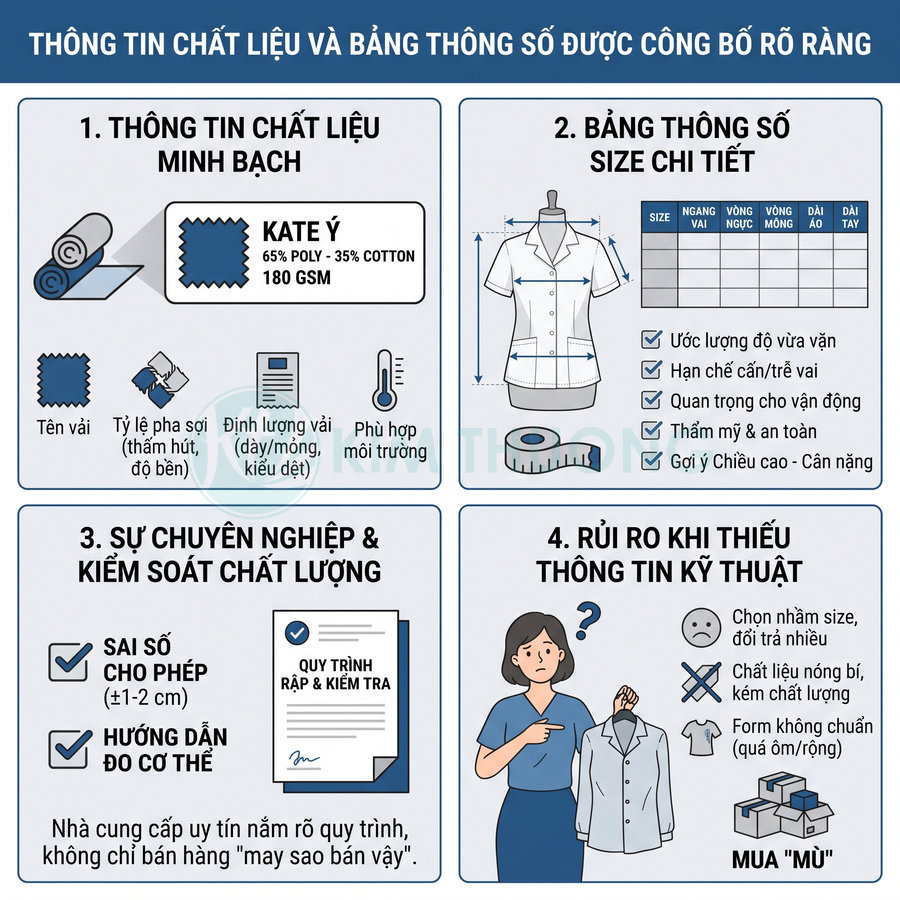 Infographic về chất liệu vải, bảng size áo, kiểm soát chất lượng và rủi ro khi thiếu thông tin kỹ thuật
