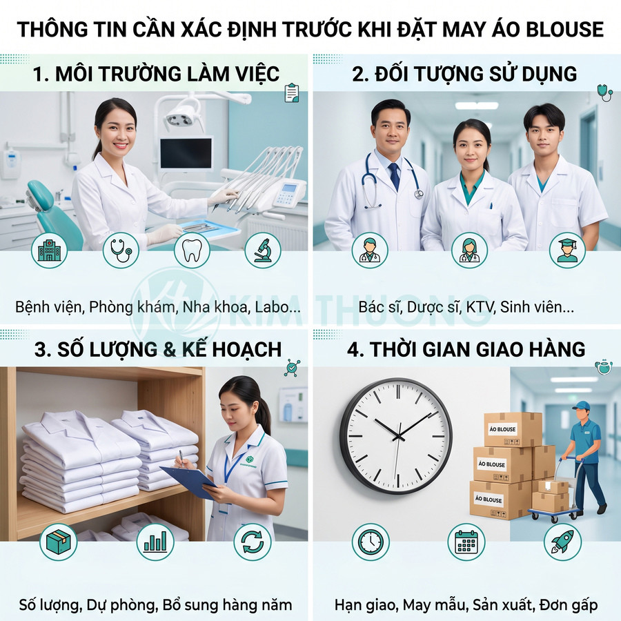 Infographic hướng dẫn xác định nhu cầu trước khi đặt may áo blouse cho bác sĩ và nhân viên y tế