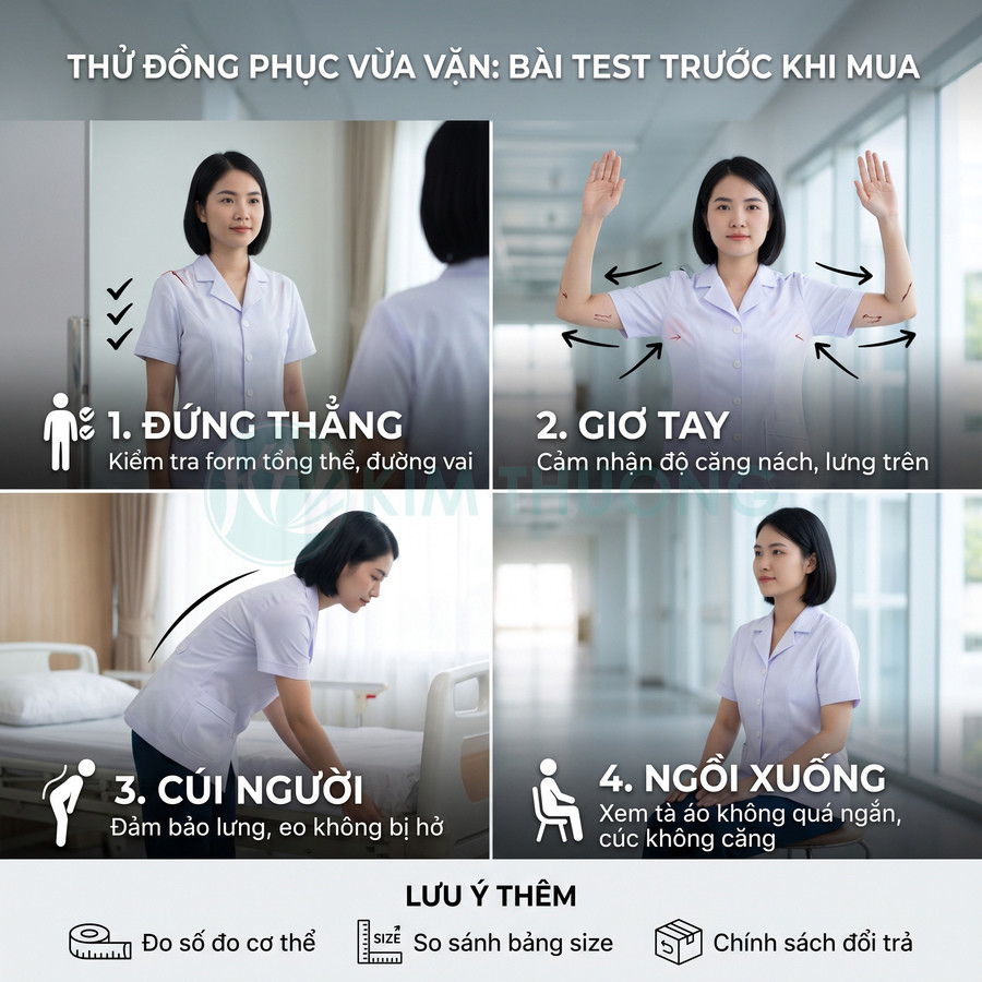 Nữ nhân viên y tế mặc đồng phục blouse trắng thực hiện các động tác test độ vừa vặn trước khi mua
