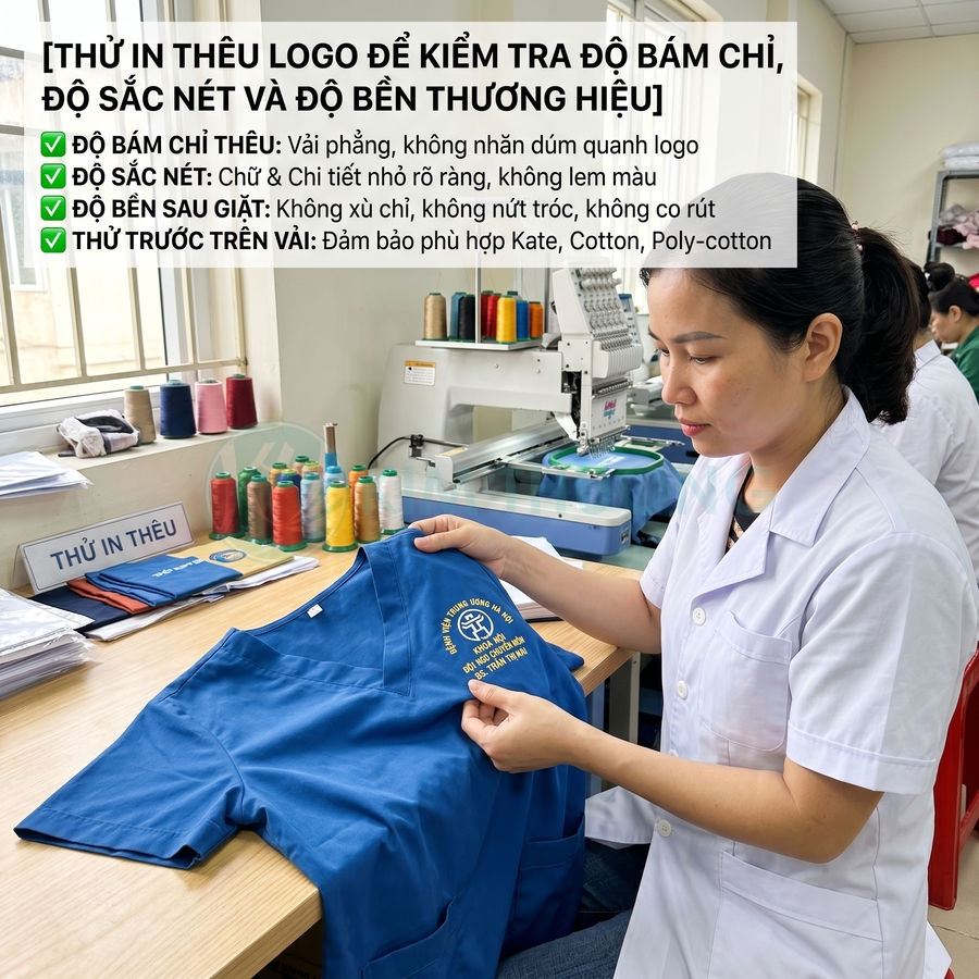 Nhân viên kiểm tra áo đồng phục y tế màu xanh được thêu logo vàng tại xưởng in thêu