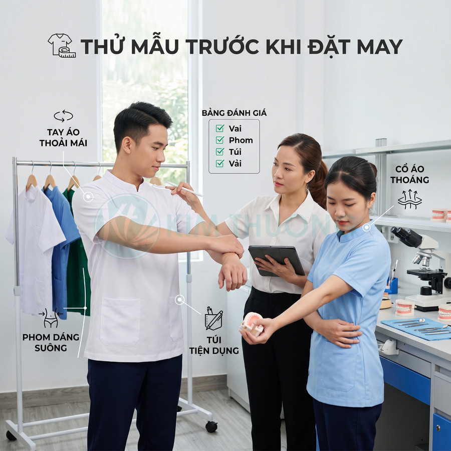 Nhân viên y tế thử mẫu đồng phục phòng khám cổ trụ, dáng suông, túi tiện dụng trong phòng khám nha khoa