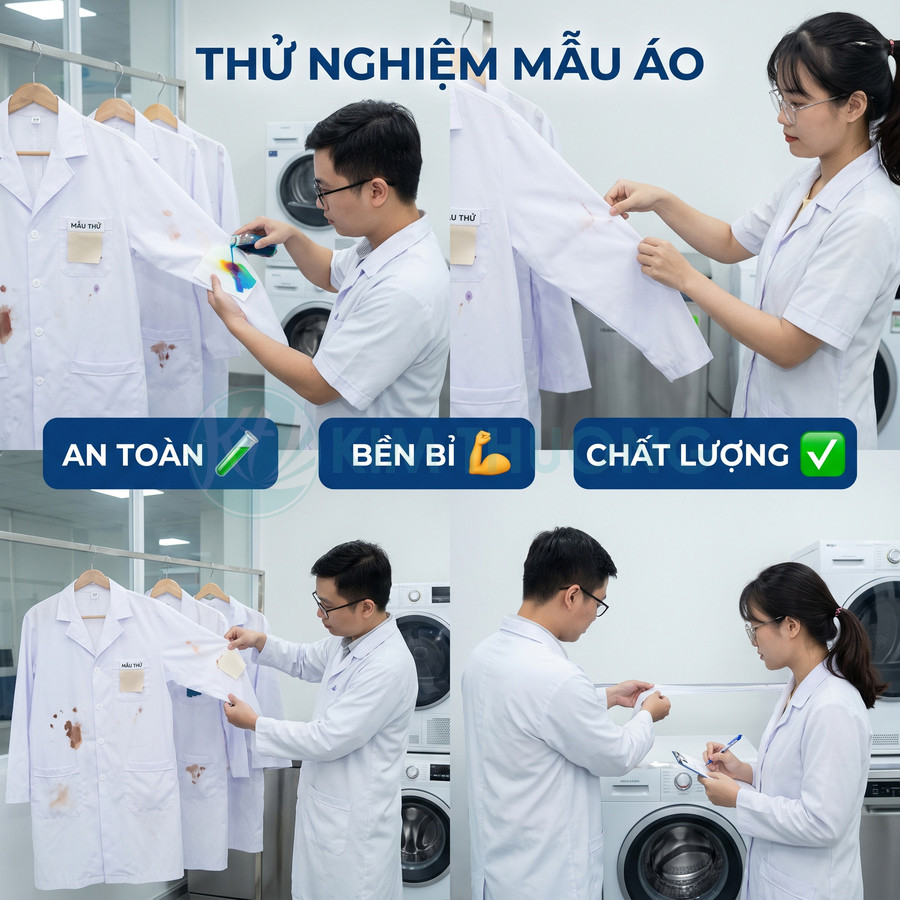 Nhân viên kiểm tra độ bền và chất lượng áo blouse trắng trong phòng thí nghiệm giặt tẩy