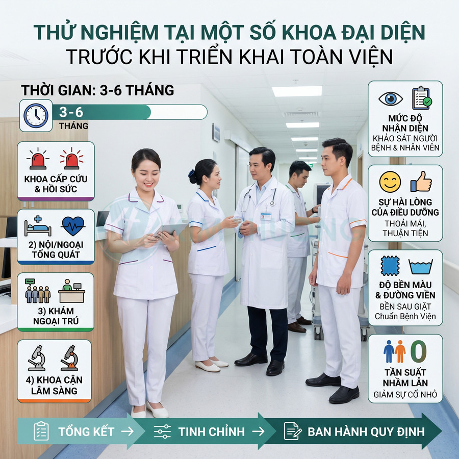 Nhân viên y tế mặc đồng phục trắng trao đổi công việc tại hành lang bệnh viện hiện đại