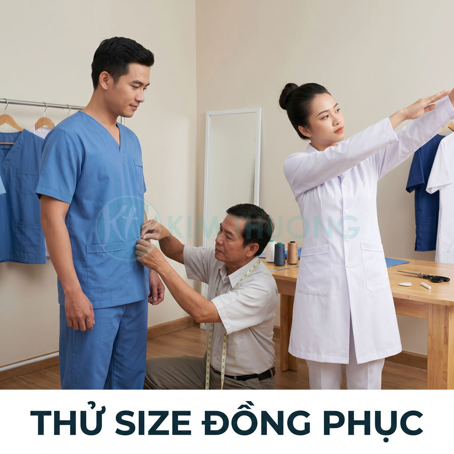 Thợ may đo size đồng phục y tá bác sĩ màu xanh và áo blouse trắng trong xưởng may