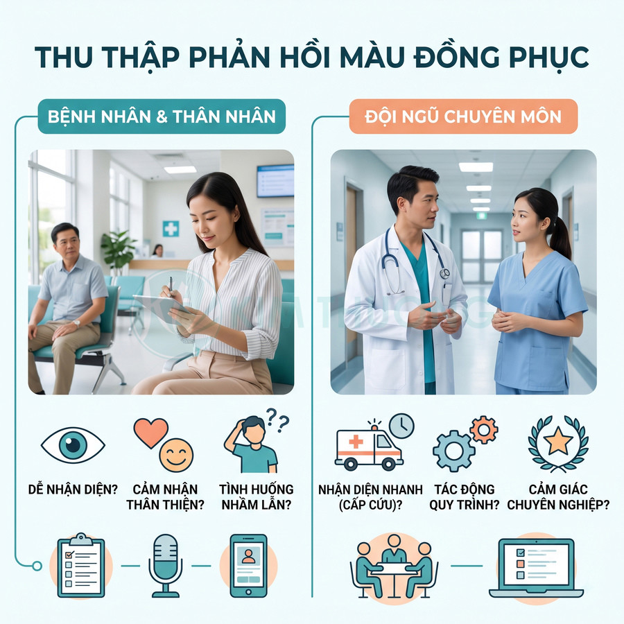 Poster thu thập phản hồi về màu đồng phục bệnh viện từ bệnh nhân thân nhân và đội ngũ y bác sĩ