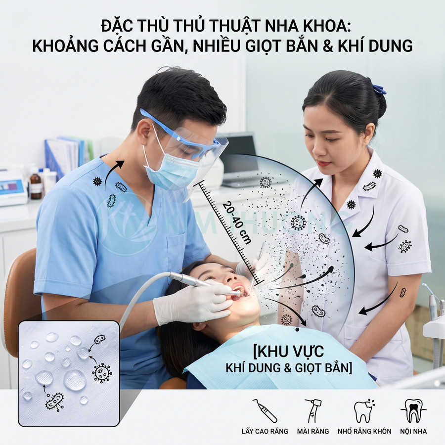 Bác sĩ nha khoa đeo khẩu trang và kính bảo hộ đang lấy cao răng cho bệnh nhân nữ, mô phỏng vùng khí dung và giọt bắn