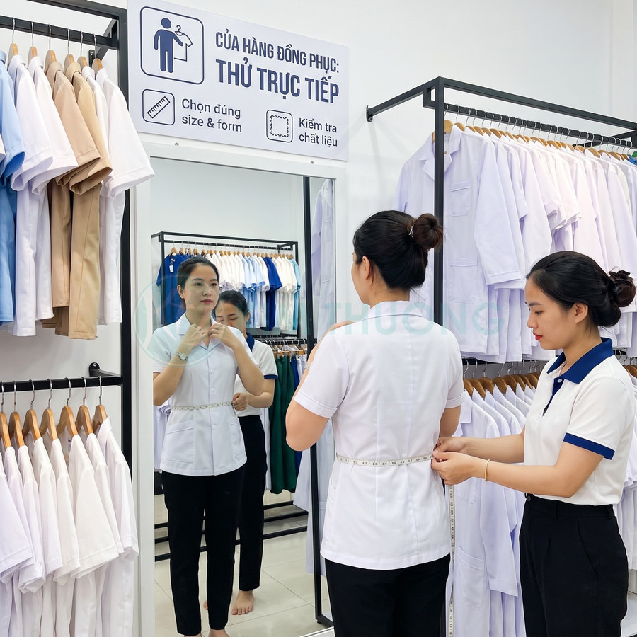 Nhân viên đo vòng eo cho khách thử áo đồng phục trắng tại cửa hàng may đo trực tiếp