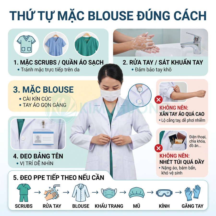 Hướng dẫn thứ tự mặc áo blouse và PPE đúng cách cho nhân viên y tế