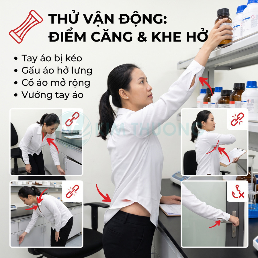 Áo blouse trắng bị kéo căng ở tay áo và hở lưng khi người mặc vận động với tay lấy đồ trên kệ