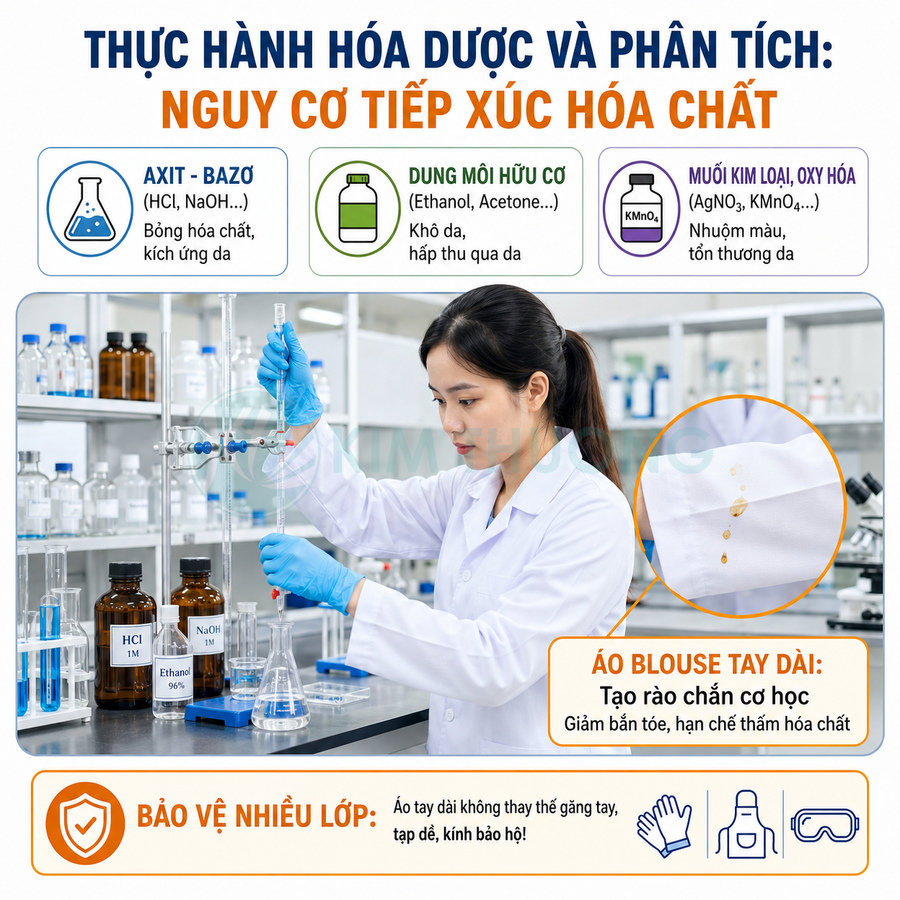 Nữ kỹ thuật viên phòng thí nghiệm mặc áo blouse tay dài, đeo găng tay, thao tác với dung dịch hóa chất