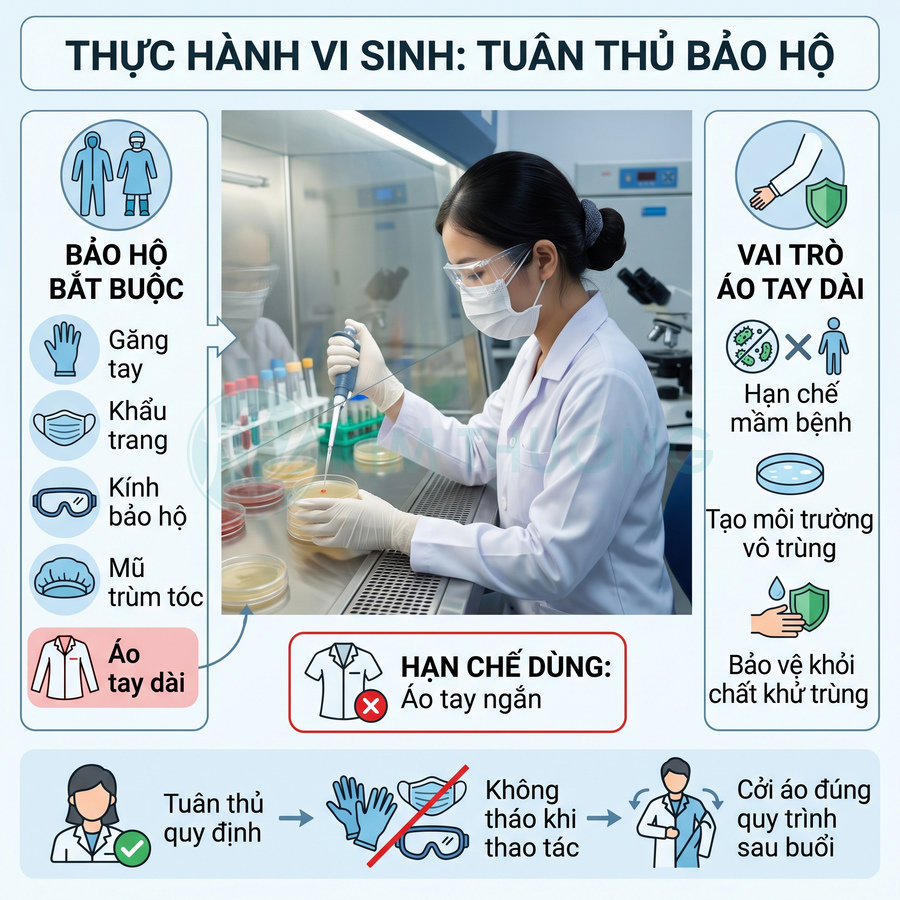 Kỹ thuật viên phòng thí nghiệm vi sinh mặc áo blouse tay dài, đeo găng tay, khẩu trang và kính bảo hộ thao tác với đĩa petri