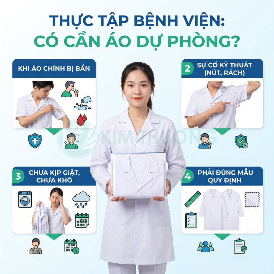 Nữ sinh thực tập mặc áo blouse trắng cầm bộ áo blouse dự phòng gấp gọn dùng khi thực tập bệnh viện