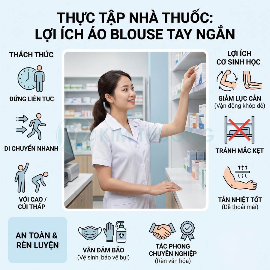 Nữ dược sĩ mặc áo blouse tay ngắn màu trắng đang sắp xếp thuốc trên kệ trong nhà thuốc