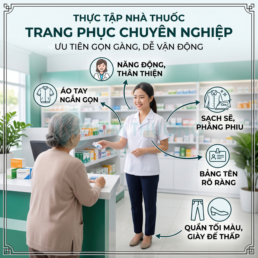 Nữ dược sĩ mặc đồng phục trắng gọn gàng tư vấn thuốc cho khách tại quầy nhà thuốc hiện đại