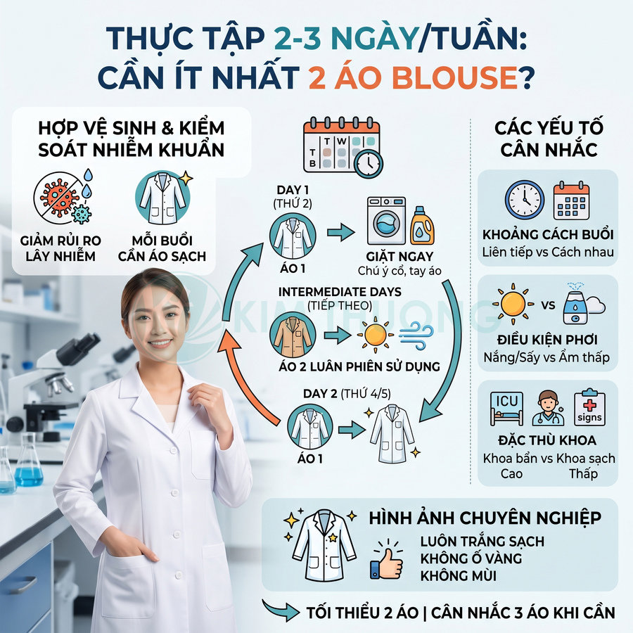Nữ sinh thực tập mặc áo blouse trắng đứng trong phòng thí nghiệm hiện đại với kính hiển vi và dụng cụ khoa học