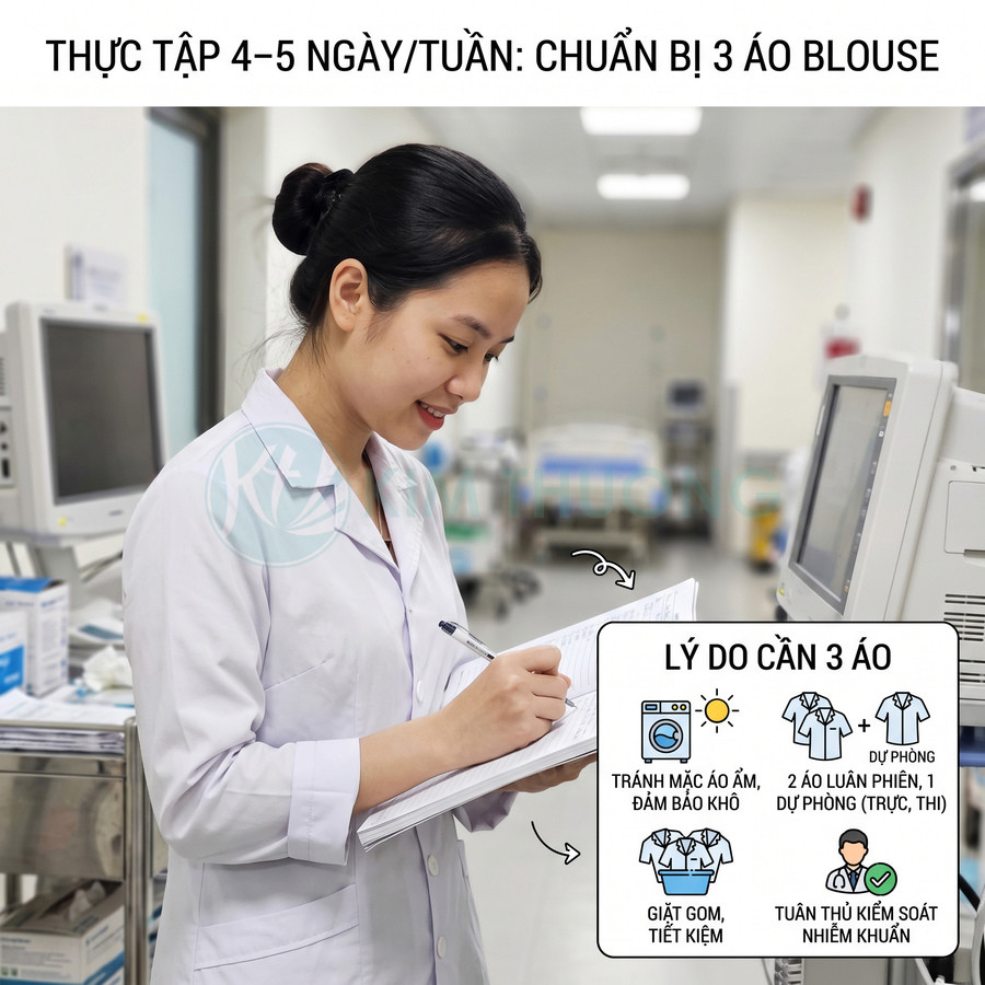 Nữ sinh y khoa mặc áo blouse trắng ghi chép hồ sơ trong phòng bệnh viện hiện đại
