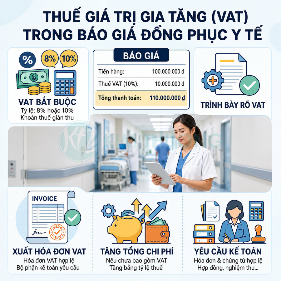 Infographic thuế VAT trong báo giá đồng phục y tế với nữ bác sĩ mặc áo blouse cầm tablet trong bệnh viện
