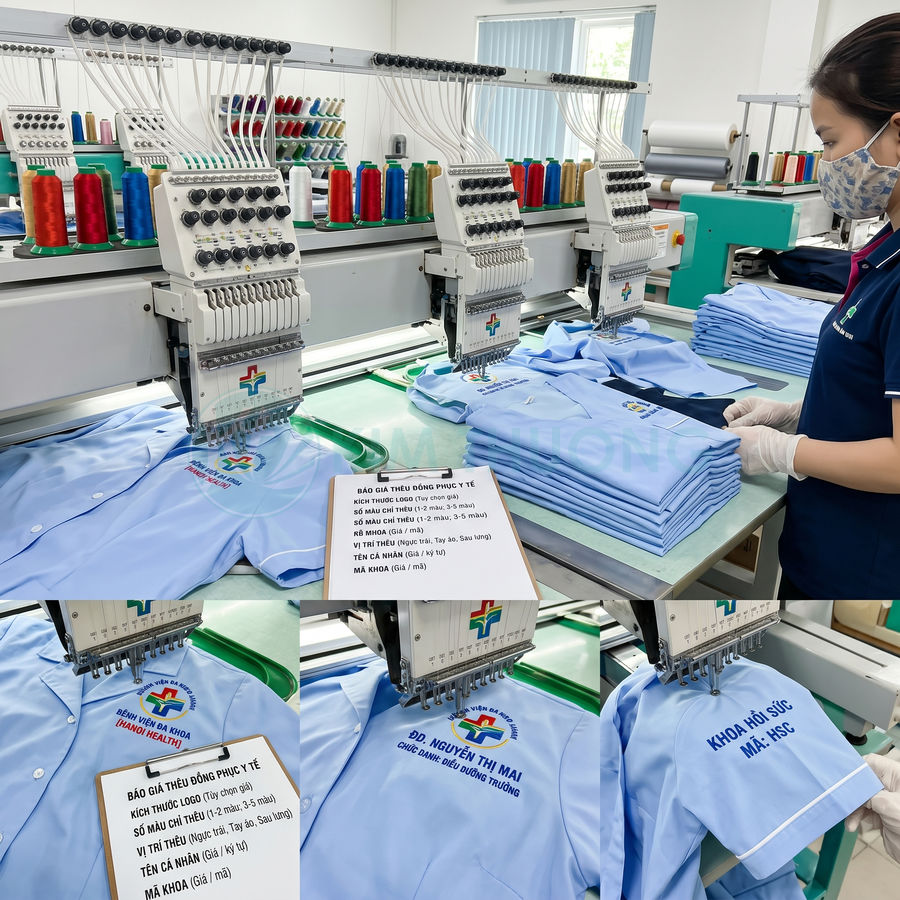 Máy thêu vi tính thêu logo bệnh viện và tên nhân viên lên áo đồng phục y tế màu xanh lam