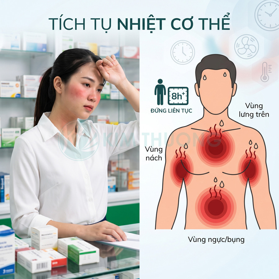 Hình minh họa tích tụ nhiệt cơ thể với các vùng nóng đỏ trên ngực bụng nách và lưng trên