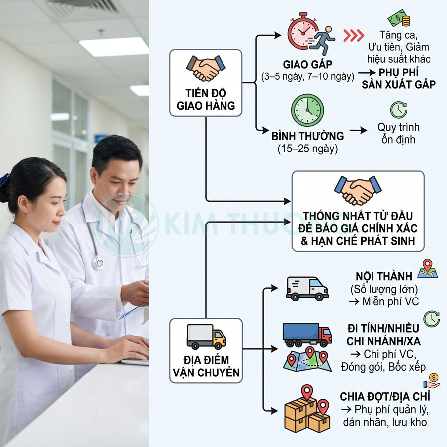 Bác sĩ trao đổi bên bảng thông tin về tiến độ giao hàng, sản xuất gấp và chi phí vận chuyển nội thành, đi tỉnh hoặc chia đợt