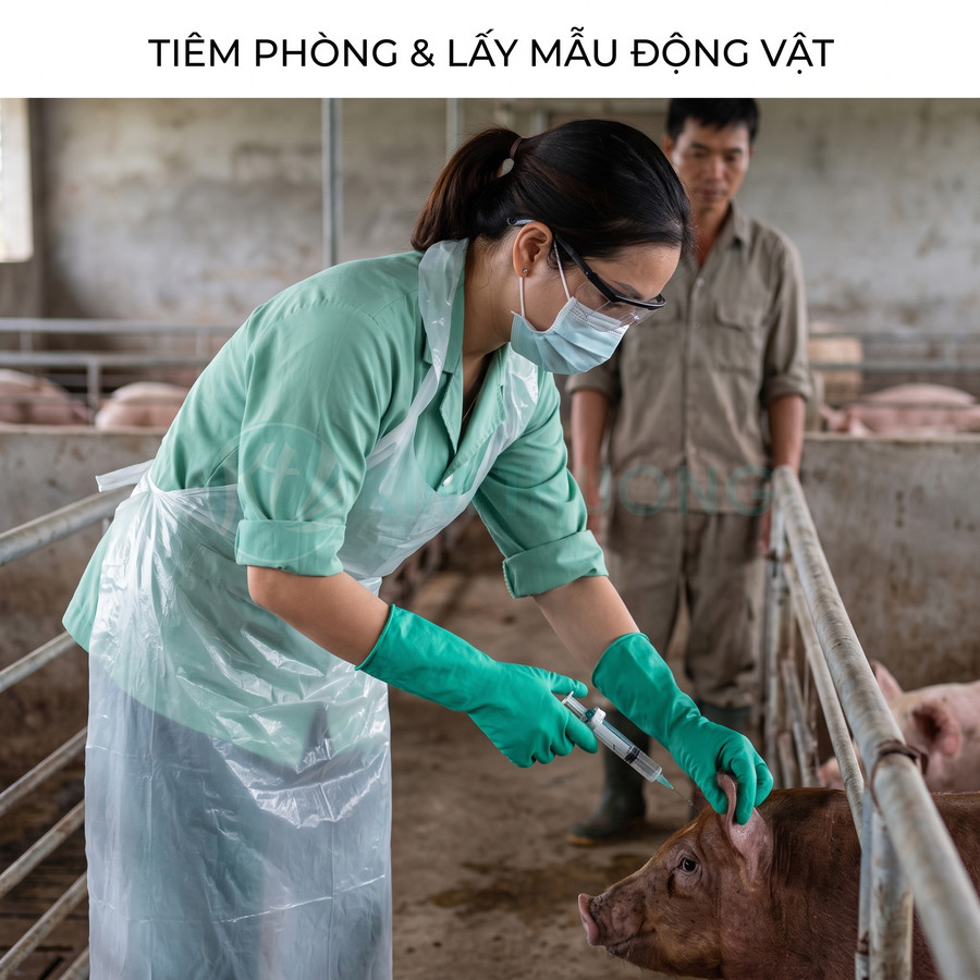 Bác sĩ thú y tiêm phòng cho heo trong trang trại chăn nuôi, đeo găng tay và khẩu trang bảo hộ