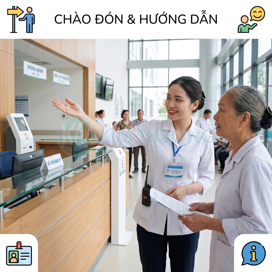 Nhân viên y tế hỗ trợ hướng dẫn bệnh nhân làm thủ tục tại quầy tiếp đón bệnh viện