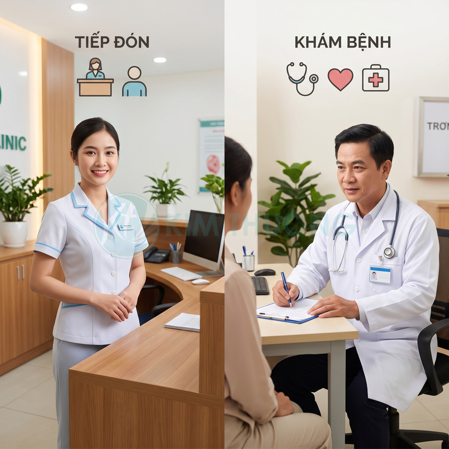 Lễ tân và bác sĩ khám bệnh tư vấn cho bệnh nhân trong phòng khám hiện đại sạch sẽ