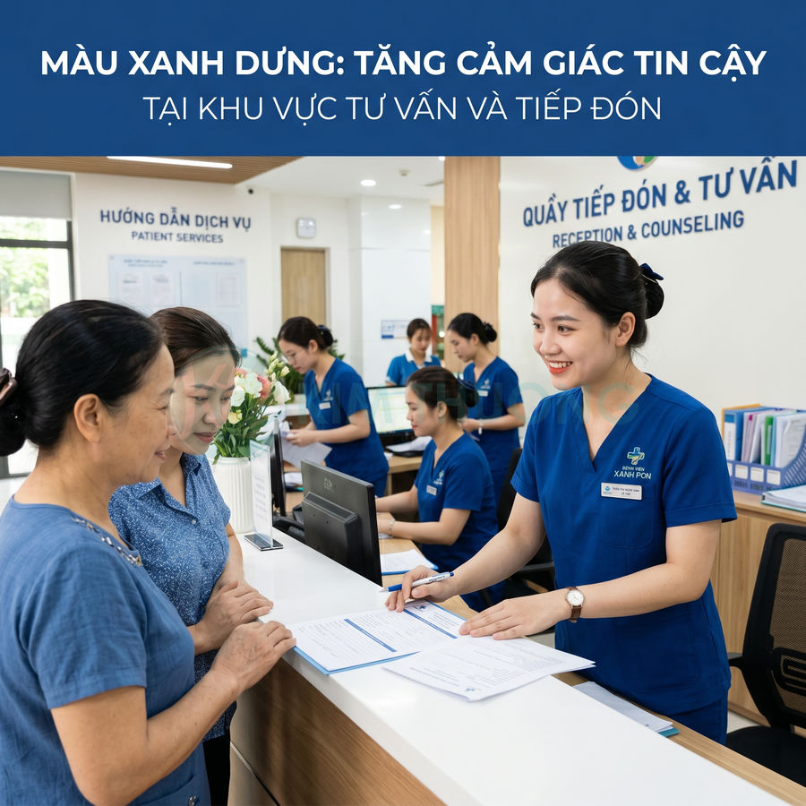 Nhân viên y tế bệnh viện Xanh Pôn mặc đồng phục xanh tư vấn và làm thủ tục tiếp đón cho bệnh nhân