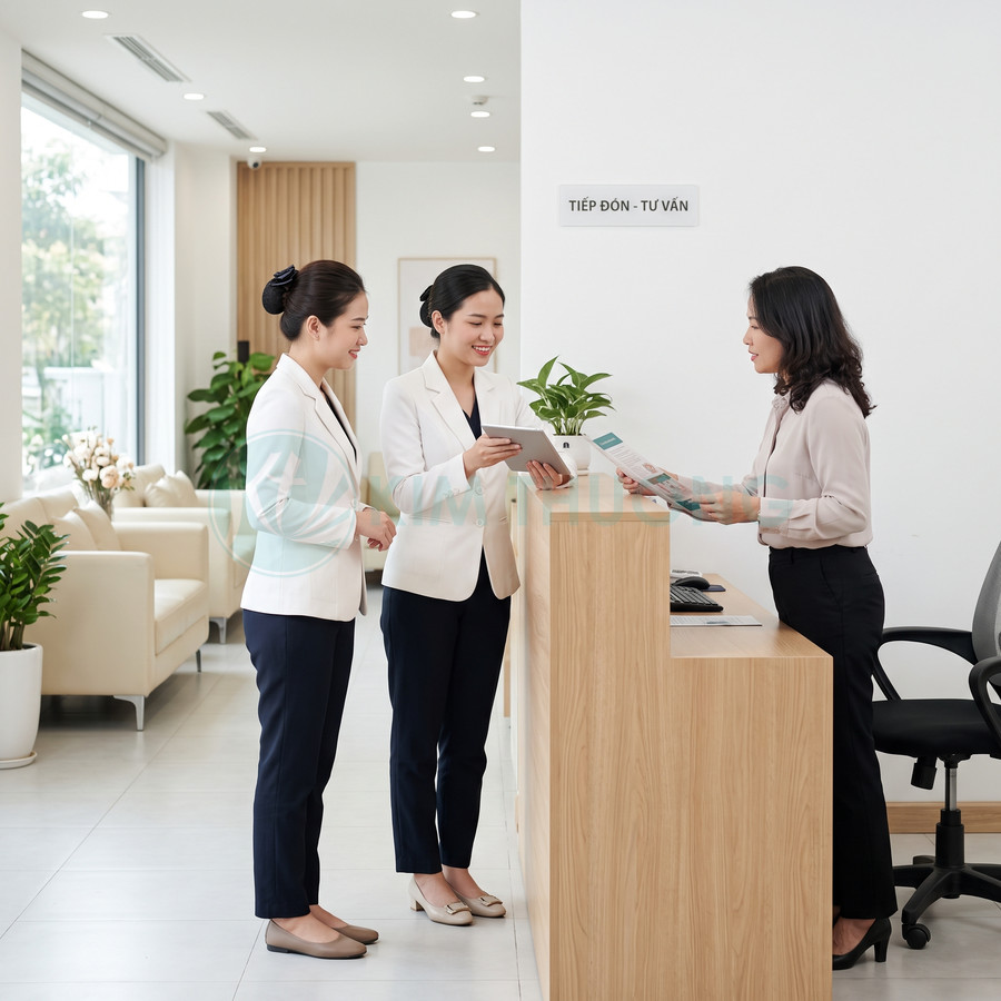 Nhân viên lễ tân tư vấn khách hàng tại quầy tiếp đón trong không gian văn phòng hiện đại