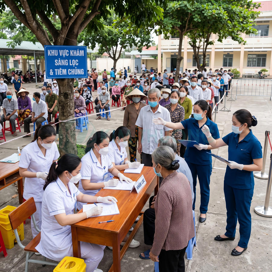 Người dân xếp hàng khám sàng lọc và tiêm chủng, nhân viên y tế đeo khẩu trang hướng dẫn và ghi thông tin