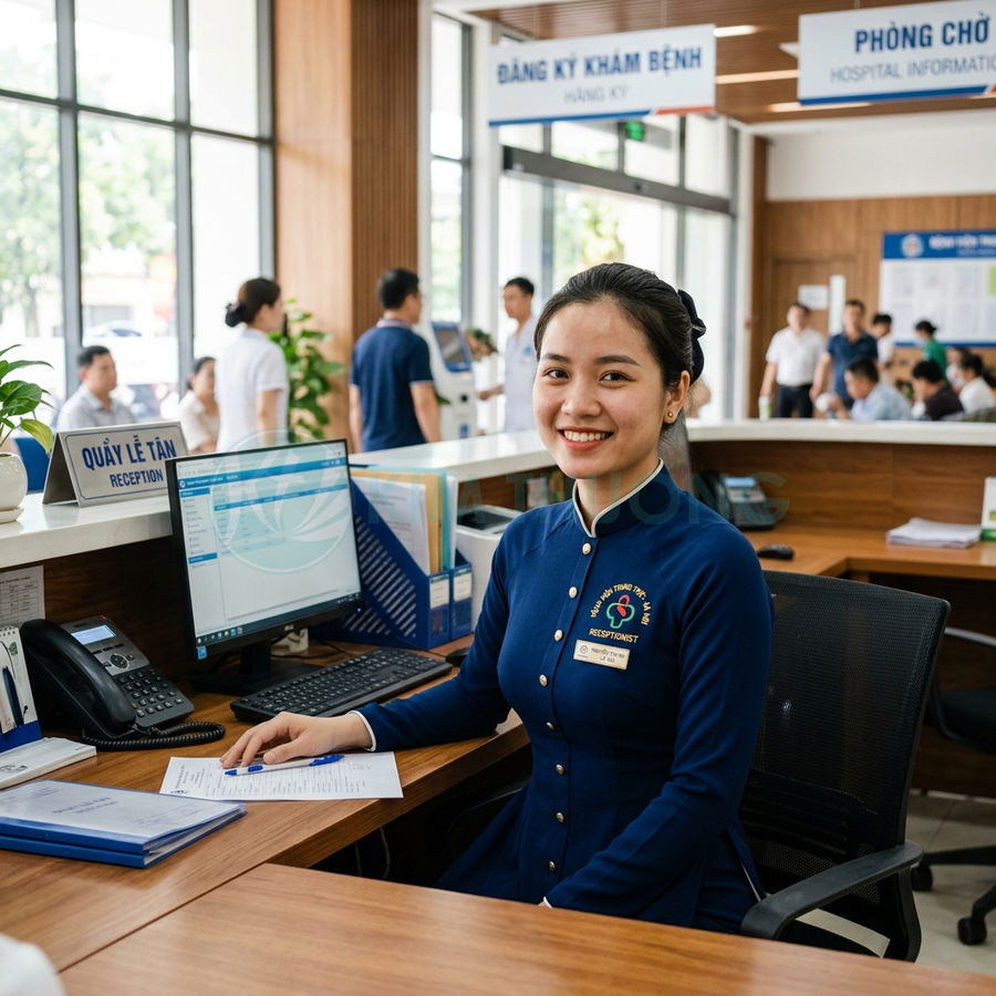 Nhân viên lễ tân bệnh viện mặc đồng phục xanh ngồi tại quầy tiếp đón bệnh nhân