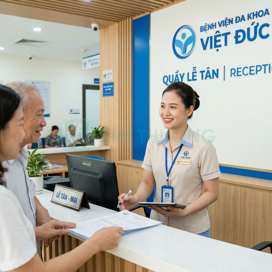 Nhân viên quầy lễ tân Bệnh viện Đa khoa Việt Đức hỗ trợ bệnh nhân làm thủ tục khám chữa bệnh