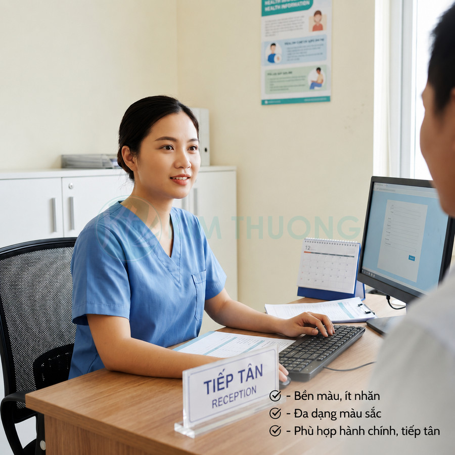 Nhân viên y tế ngồi bàn tiếp tân bệnh viện làm việc với máy tính và bảng tên tiếp tân