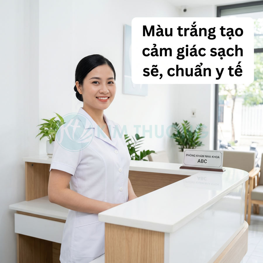 Lễ tân phòng khám nha khoa ABC trong đồng phục trắng đứng tại quầy tiếp đón sạch sẽ, hiện đại