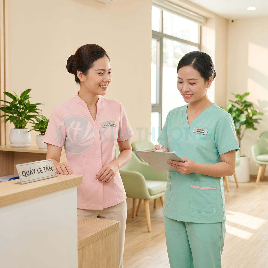 Đồng phục y tá màu hồng và xanh mint tại quầy lễ tân phòng khám hiện đại