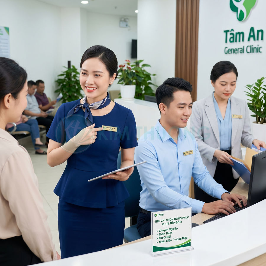 Nhân viên lễ tân phòng khám Tâm An mặc đồng phục xanh tư vấn bệnh nhân tại quầy tiếp đón