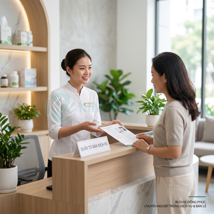 Nhân viên quầy tư vấn dịch vụ mặc đồng phục blouse trắng hỗ trợ khách hàng tại quầy lễ tân hiện đại