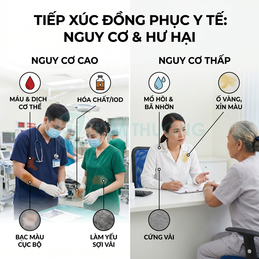 Ảnh minh họa đồng phục y tế tiếp xúc máu, hóa chất, mồ hôi gây bạc màu, cứng vải và ố vàng