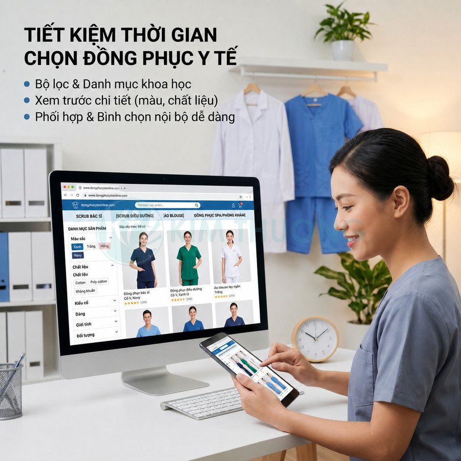Nhân viên y tế chọn mua đồng phục y tế trên máy tính và máy tính bảng trong văn phòng