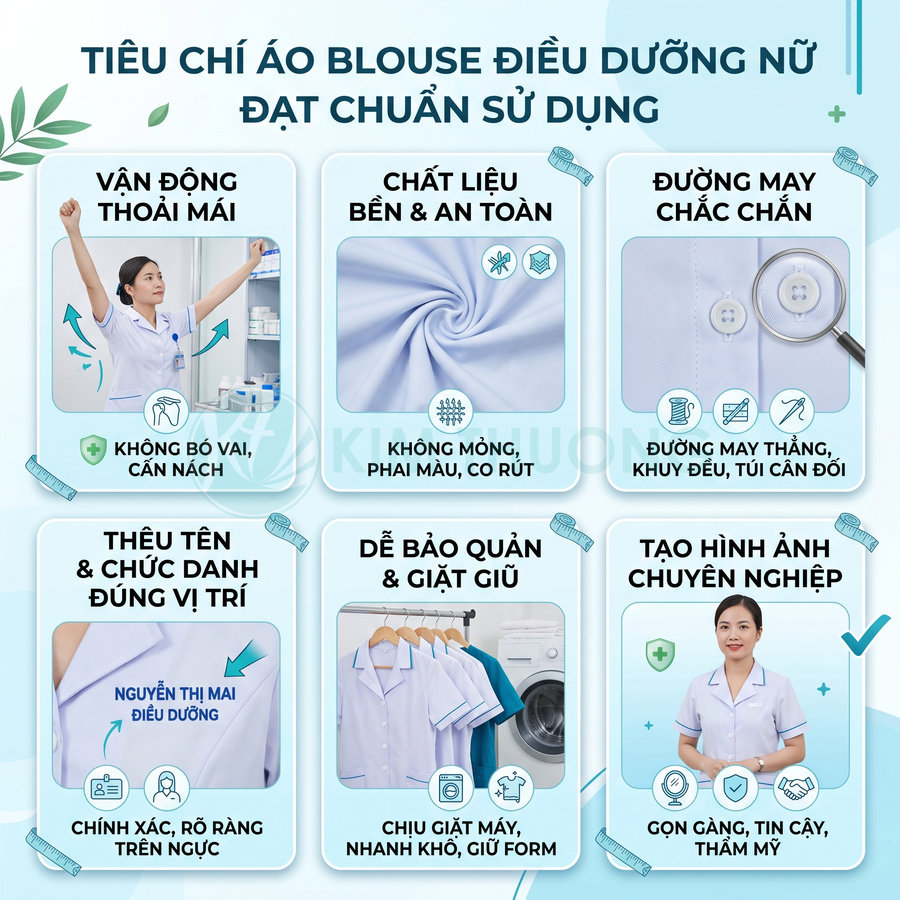 Tiêu chí áo blouse điều dưỡng nữ: chất liệu bền, đường may chắc, thêu tên đúng vị trí, dễ giặt giữ, tạo hình chuyên nghiệp