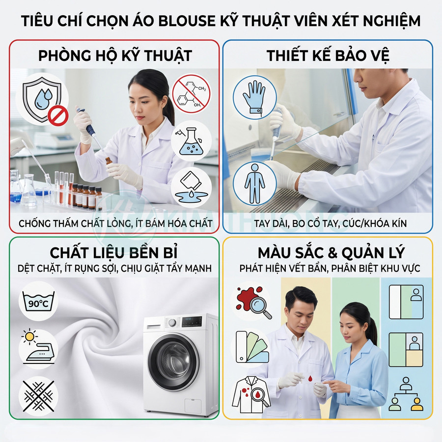Tiêu chí chọn áo blouse kỹ thuật viên xét nghiệm: chống hóa chất, thiết kế bảo vệ, chất liệu bền, màu sắc dễ quản lý