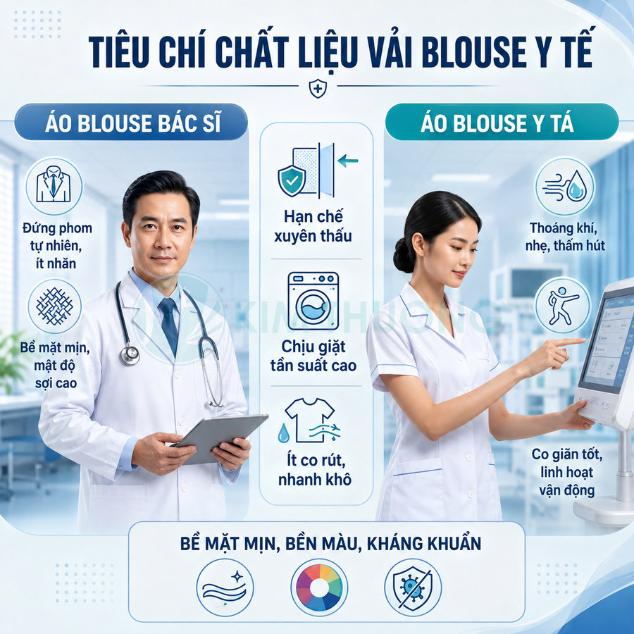 Áo blouse bác sĩ và y tá màu trắng, chất liệu vải y tế mịn, ít nhăn, thoáng khí, co giãn tốt, kháng khuẩn