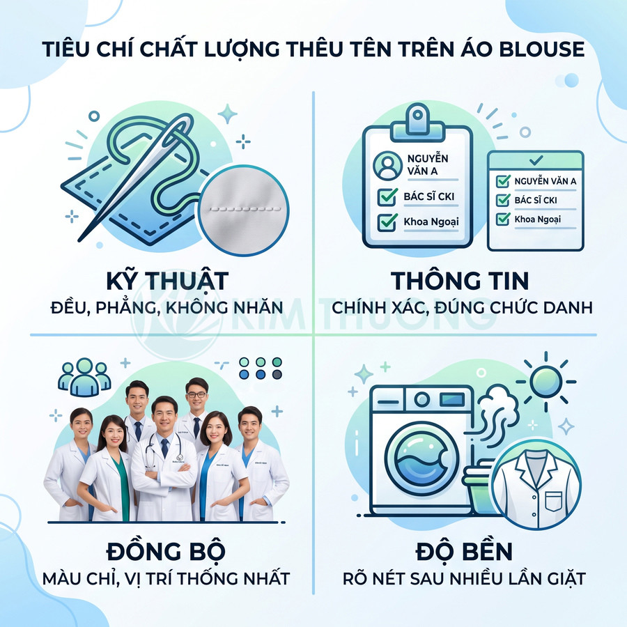 Tiêu chí thêu tên trên áo blouse y khoa: kỹ thuật đều phẳng, thông tin chính xác, đồng bộ màu chỉ, bền sau nhiều lần giặt