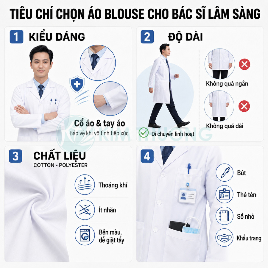 Áo blouse bác sĩ lâm sàng màu trắng, chất liệu cotton polyester, thiết kế dài vừa, nhiều túi đựng bút và phụ kiện