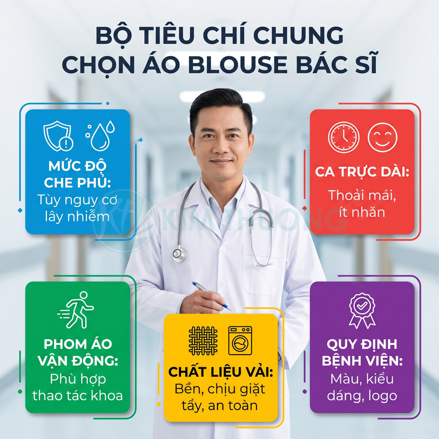 Bác sĩ mặc áo blouse trắng đứng trong bệnh viện, minh họa các tiêu chí chọn áo blouse bác sĩ