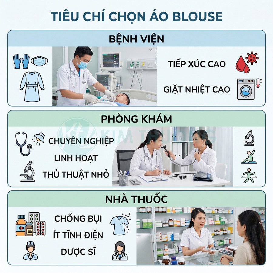 Tiêu chí chọn áo blouse cho bệnh viện phòng khám nhà thuốc với hình ảnh bác sĩ và dược sĩ minh họa