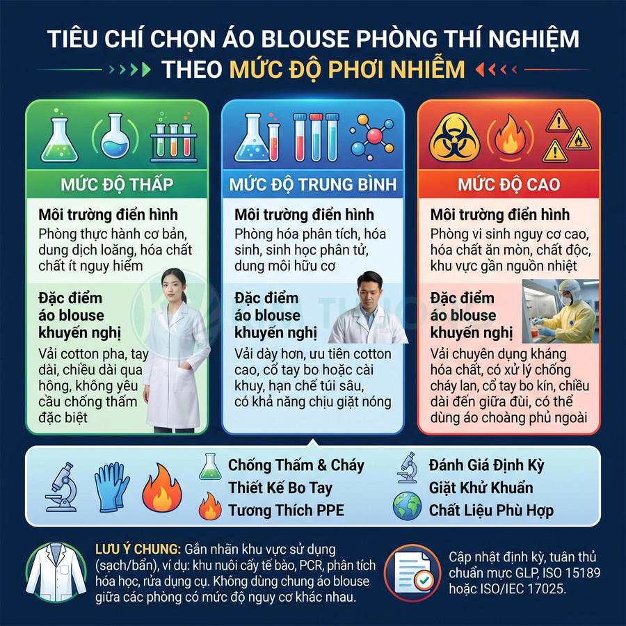 Infographic tiêu chí chọn áo blouse phòng thí nghiệm theo mức độ phơi nhiễm và môi trường sử dụng