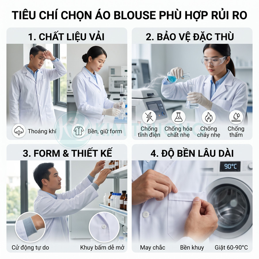 Áo blouse phòng thí nghiệm trắng cho bác sĩ kỹ thuật viên, chất liệu bền, chống hóa chất nhẹ, thiết kế thoải mái, dễ giặt