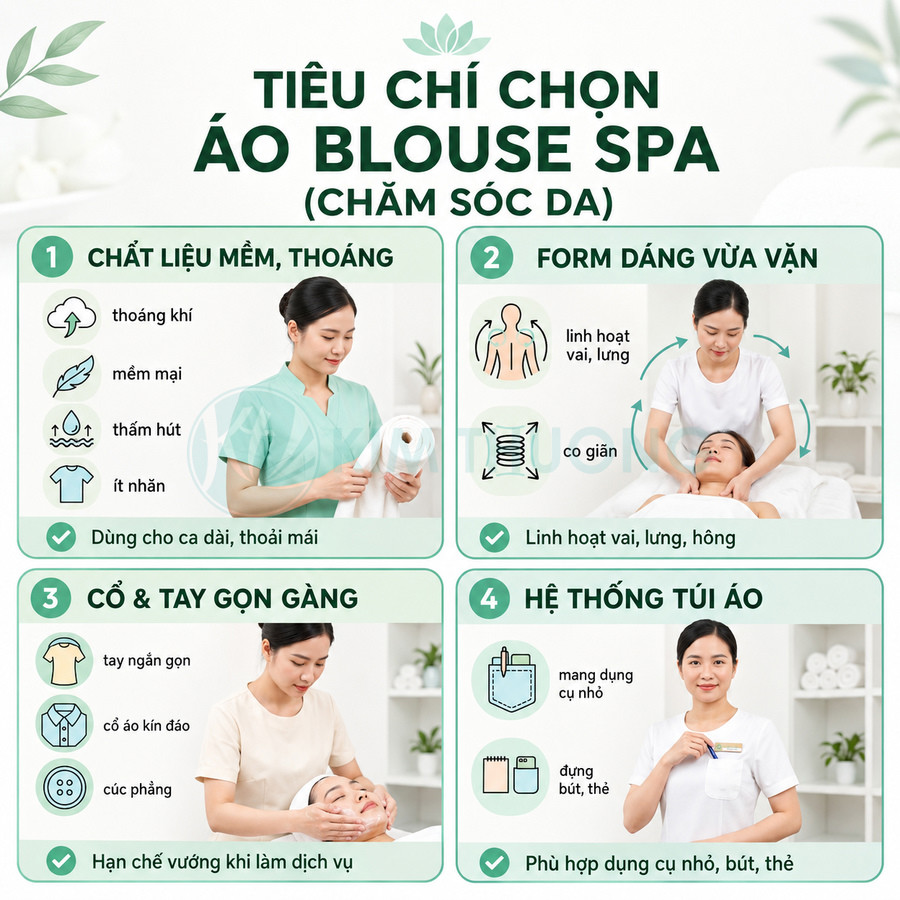 Tiêu chí chọn áo blouse spa chăm sóc da với mẫu áo mềm thoáng, form vừa vặn, cổ tay gọn và túi áo tiện dụng