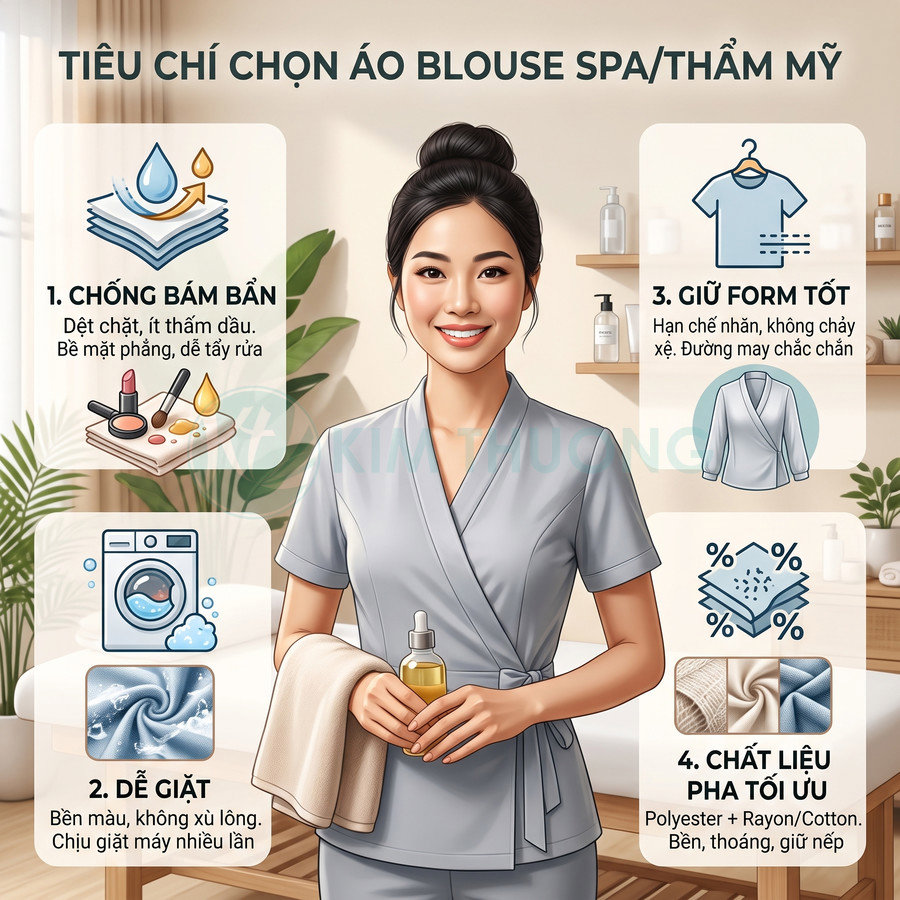 Nhân viên spa mặc áo blouse xám tay ngắn, cầm khăn và dầu massage trong phòng spa hiện đại